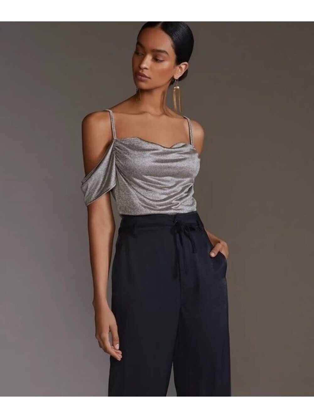 Anthropologie Silver Lurex Cowl-Neck Off-The-Shoulder Camisole Top Size S $68